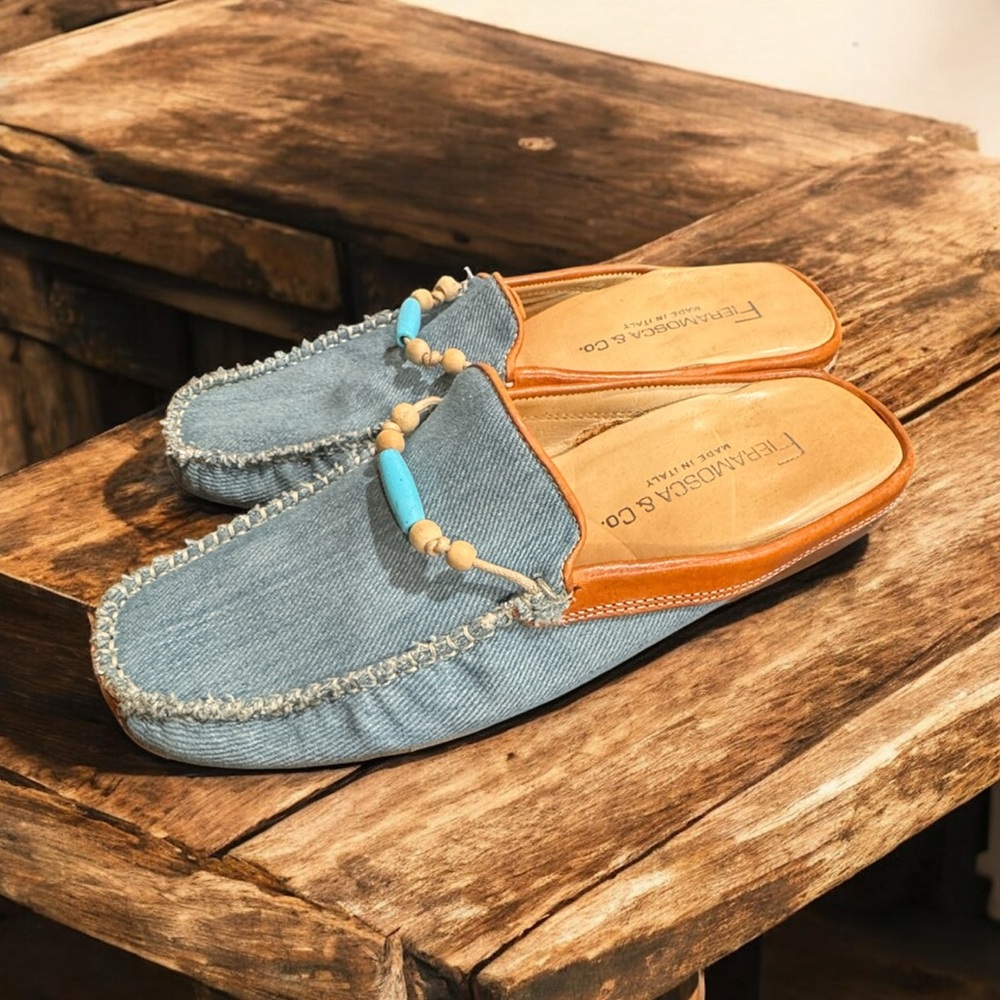 Stylish Blue denim and leather slides mules size 6 made in Italy